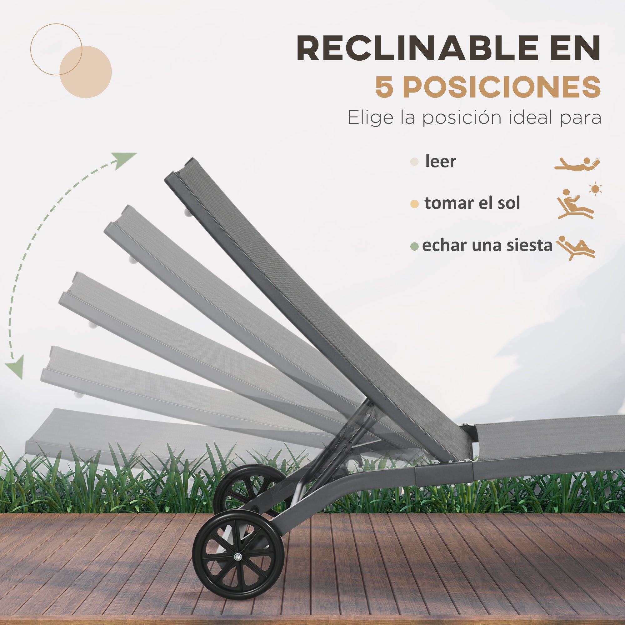 Pack of 2 Outdoor Garden Loungers Reclining Aluminum Loungers with Adjustable 5 Levels Backrest and Wheels for Beach Pool 165x66x102 cm Dark Gray