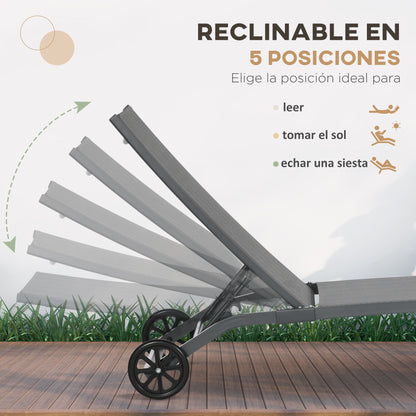 Pack of 2 Outdoor Garden Loungers Reclining Aluminum Loungers with Adjustable 5 Levels Backrest and Wheels for Beach Pool 165x66x102 cm Dark Gray