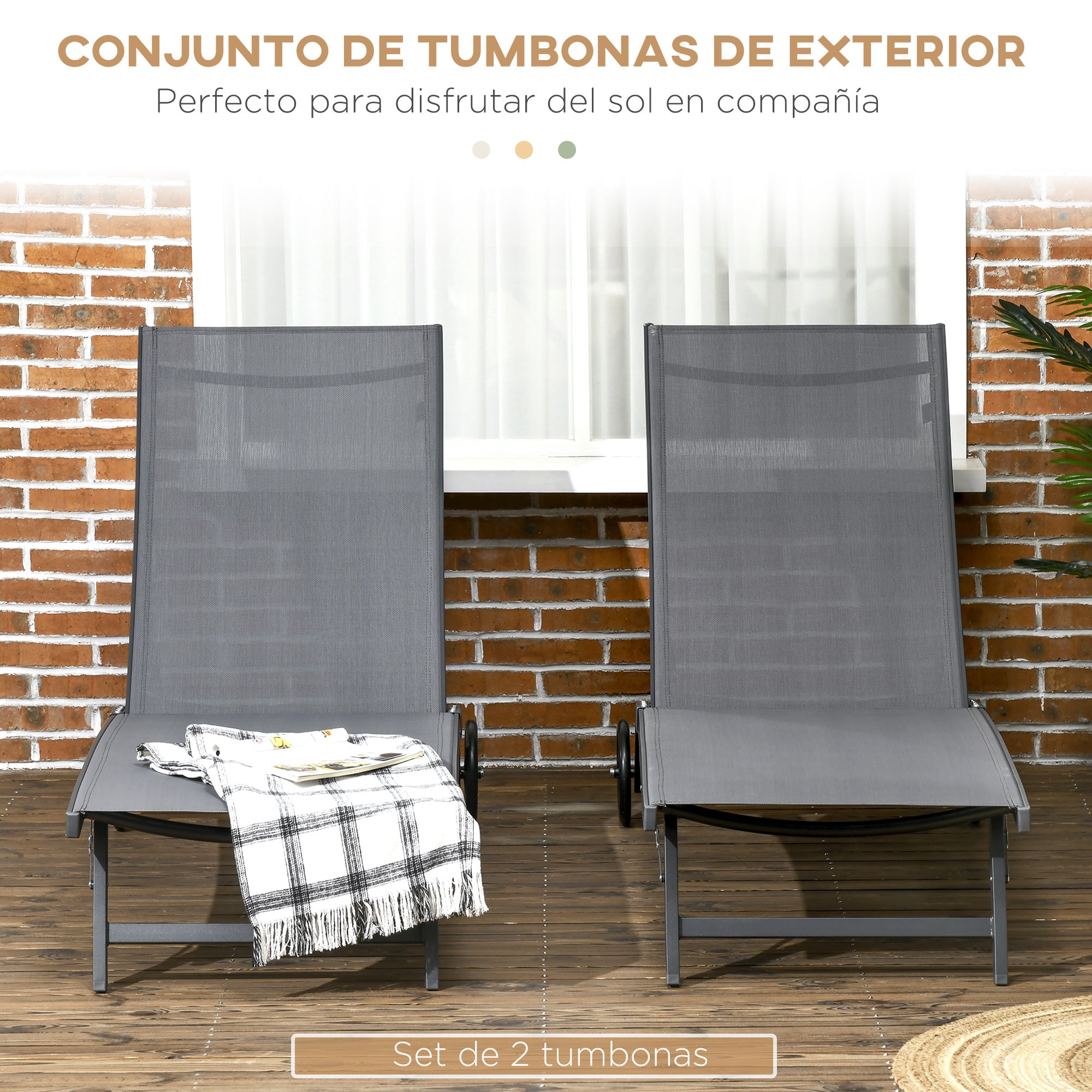 Pack of 2 Outdoor Garden Loungers Reclining Aluminum Loungers with Adjustable 5 Levels Backrest and Wheels for Beach Pool 165x66x102 cm Dark Gray