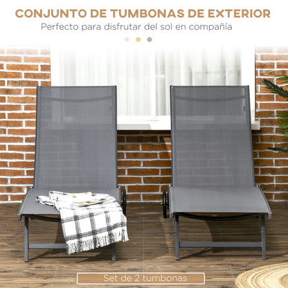 Pack of 2 Outdoor Garden Loungers Reclining Aluminum Loungers with Adjustable 5 Levels Backrest and Wheels for Beach Pool 165x66x102 cm Dark Gray