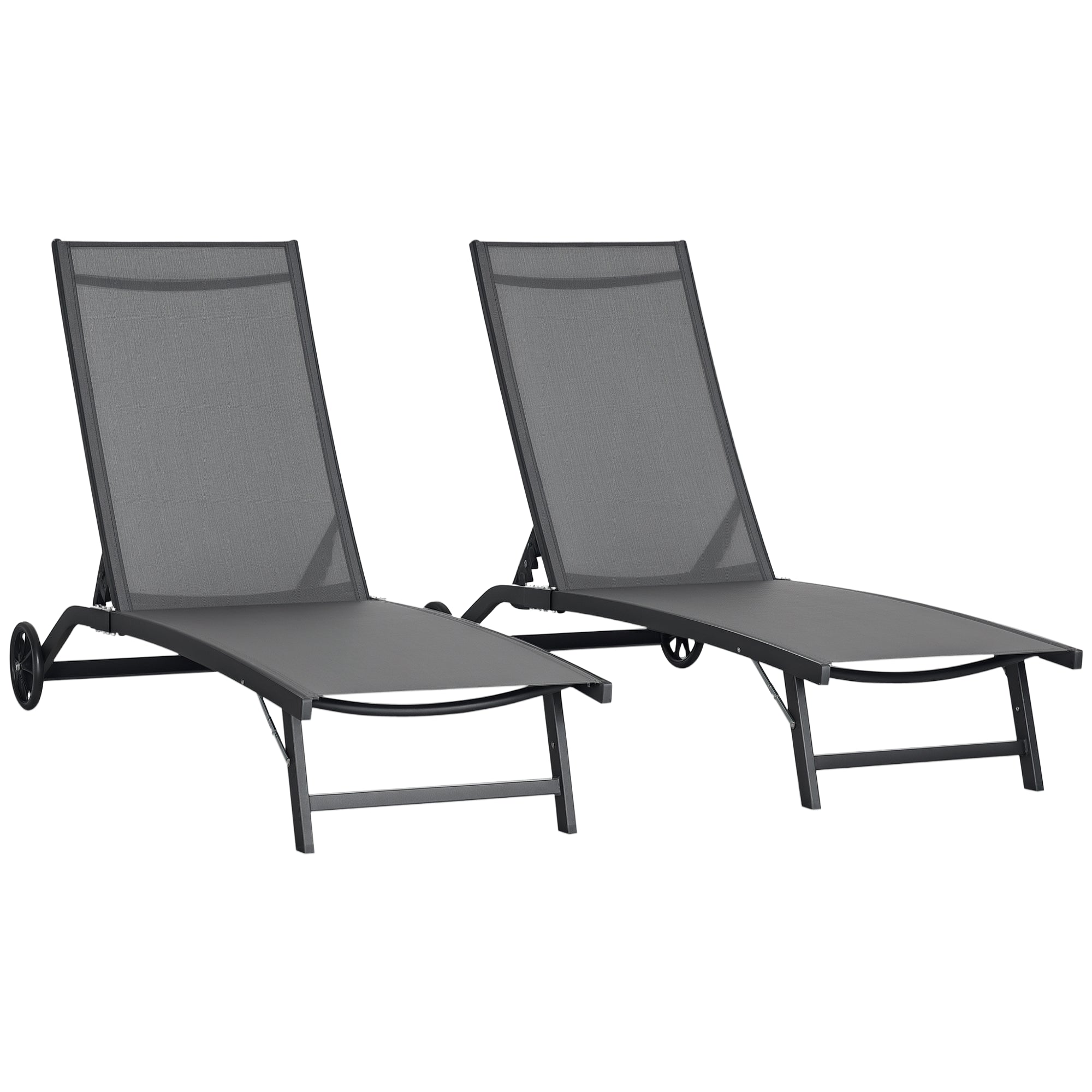 Pack of 2 Outdoor Garden Loungers Reclining Aluminum Loungers with Adjustable 5 Levels Backrest and Wheels for Beach Pool 165x66x102 cm Dark Gray