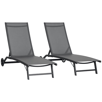 Pack of 2 Outdoor Garden Loungers Reclining Aluminum Loungers with Adjustable 5 Levels Backrest and Wheels for Beach Pool 165x66x102 cm Dark Gray