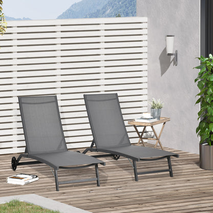 Pack of 2 Outdoor Garden Loungers Reclining Aluminum Loungers with Adjustable 5 Levels Backrest and Wheels for Beach Pool 165x66x102 cm Dark Gray