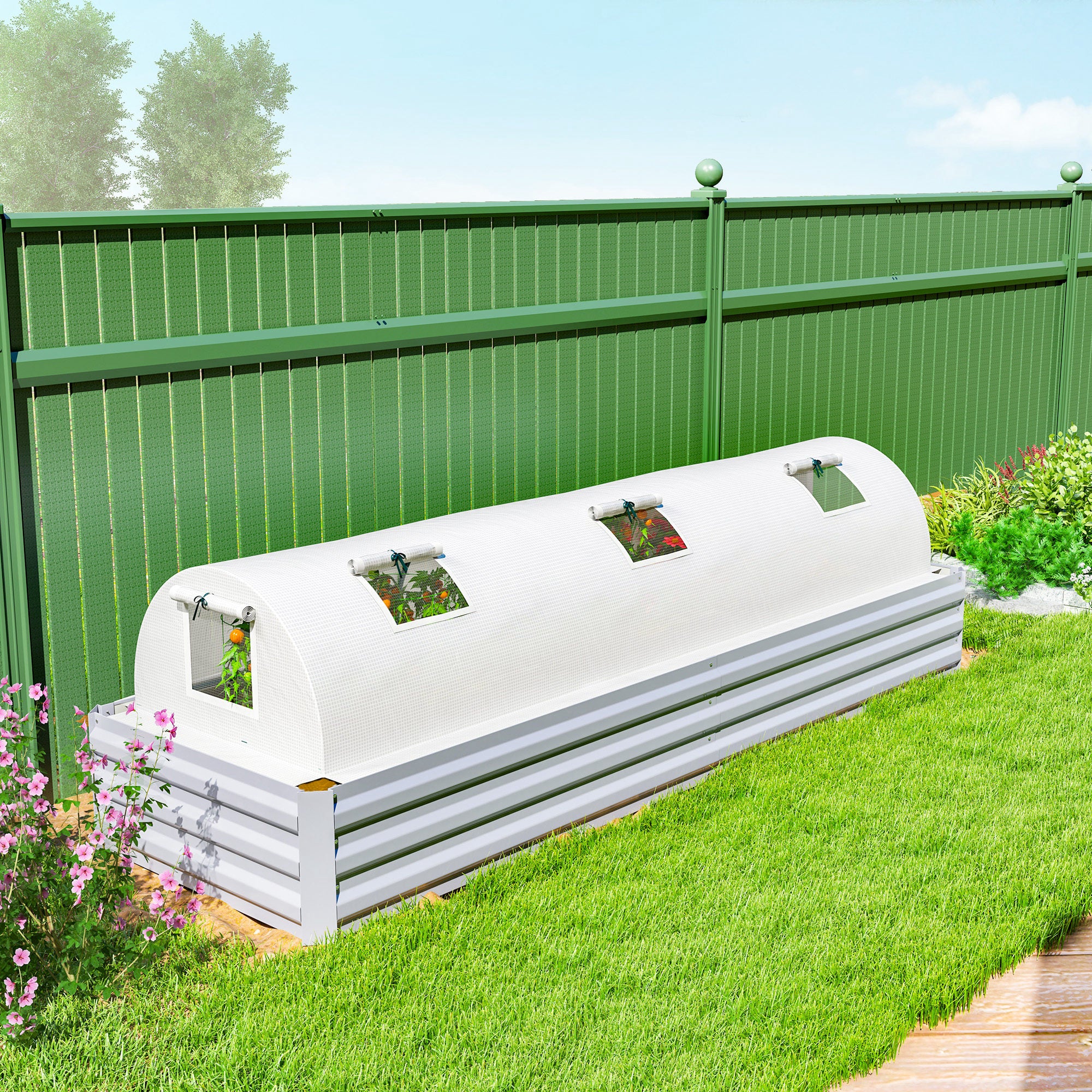 Greenhouse with Roll-Up Window Round Roof, Winter-Proof Foil Greenhouse made of Steel Water-Resistant Greenhouse for Balcony Tomato House with UV Protection 300x80x45cm Tomato Greenhouse for Vegetables, White