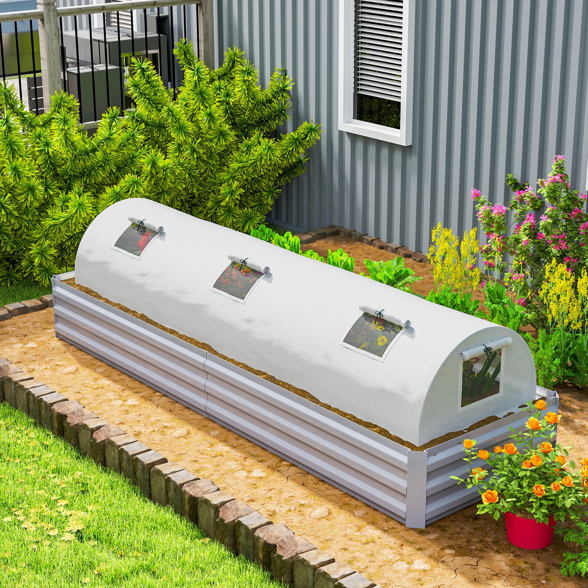 Greenhouse with Roll-Up Window Round Roof, Winter-Proof Foil Greenhouse made of Steel Water-Resistant Greenhouse for Balcony Tomato House with UV Protection 300x80x45cm Tomato Greenhouse for Vegetables, White