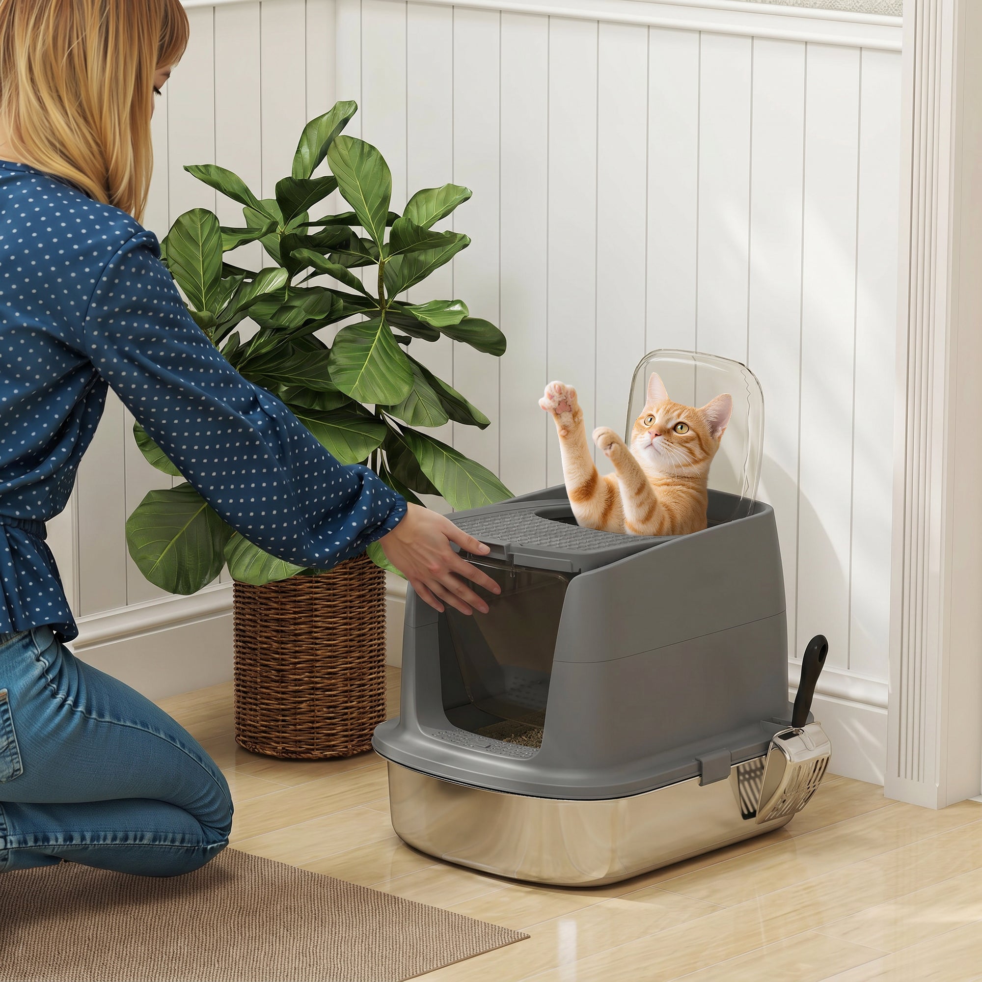 Stainless Steel Covered Cat Litter Box with Lid — Large Top/Front Entry, Metal Scoop & Deodorizer Bag, Odor-Resistant, Easy to Clean, Dark Gray