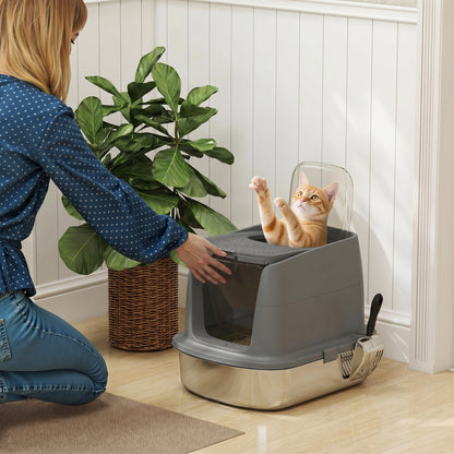 Stainless Steel Covered Cat Litter Box with Lid — Large Top/Front Entry, Metal Scoop & Deodorizer Bag, Odor-Resistant, Easy to Clean, Dark Gray