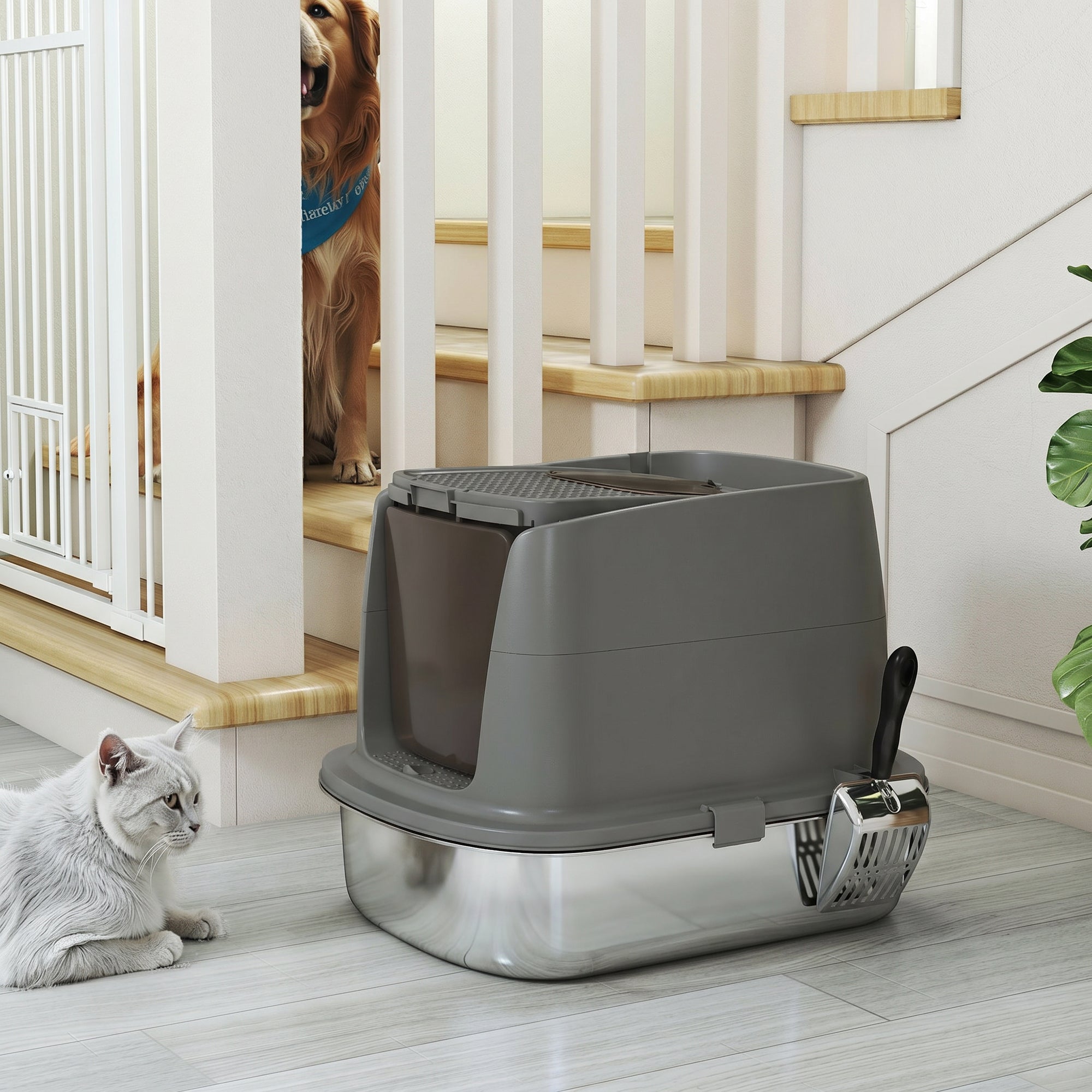 Stainless Steel Covered Cat Litter Box with Lid — Large Top/Front Entry, Metal Scoop & Deodorizer Bag, Odor-Resistant, Easy to Clean, Dark Gray