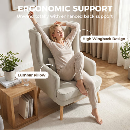 Wing Armchair with Lumbar Pillow — High-Back, Wide Seat, Linen-Look Scandinavian Lounge Chair for Living Room & Bedroom, Beige