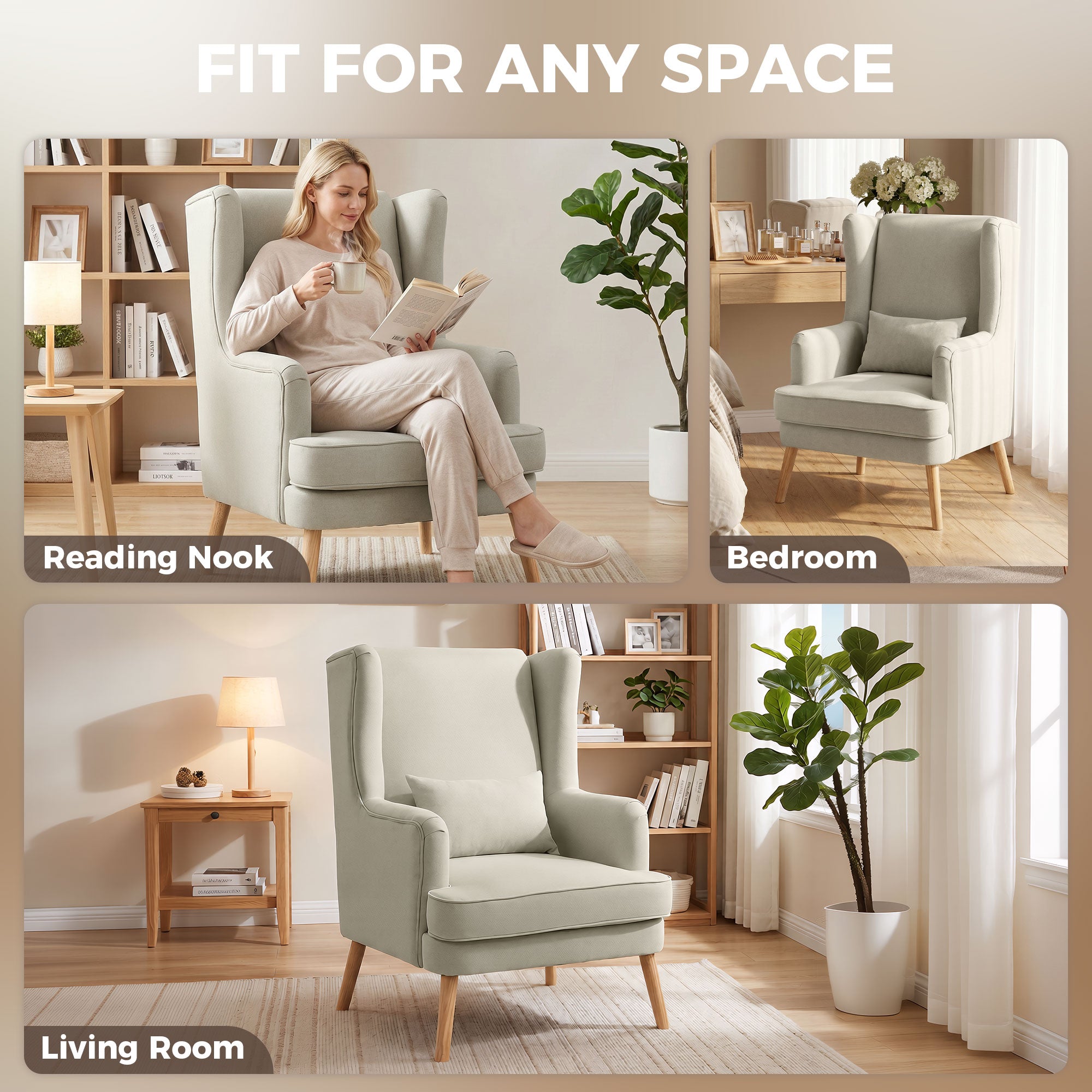 Wing Armchair with Lumbar Pillow — High-Back, Wide Seat, Linen-Look Scandinavian Lounge Chair for Living Room & Bedroom, Beige