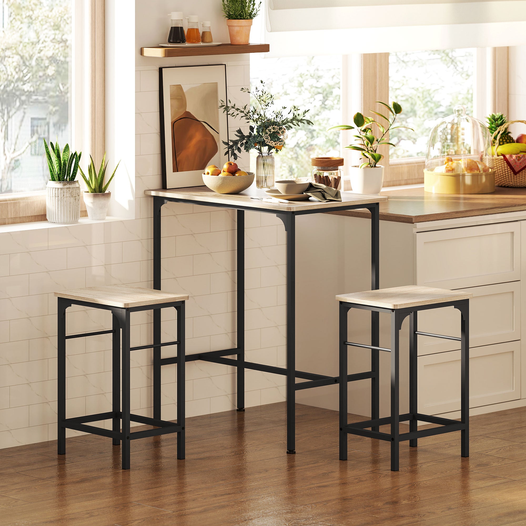 Bar Table Set Bar Table with Bar Stool Set Dining Table with 2 Chairs with Non-Slip Foot Pads Kitchen Table for Dining Room, Kitchen, Natural Wood