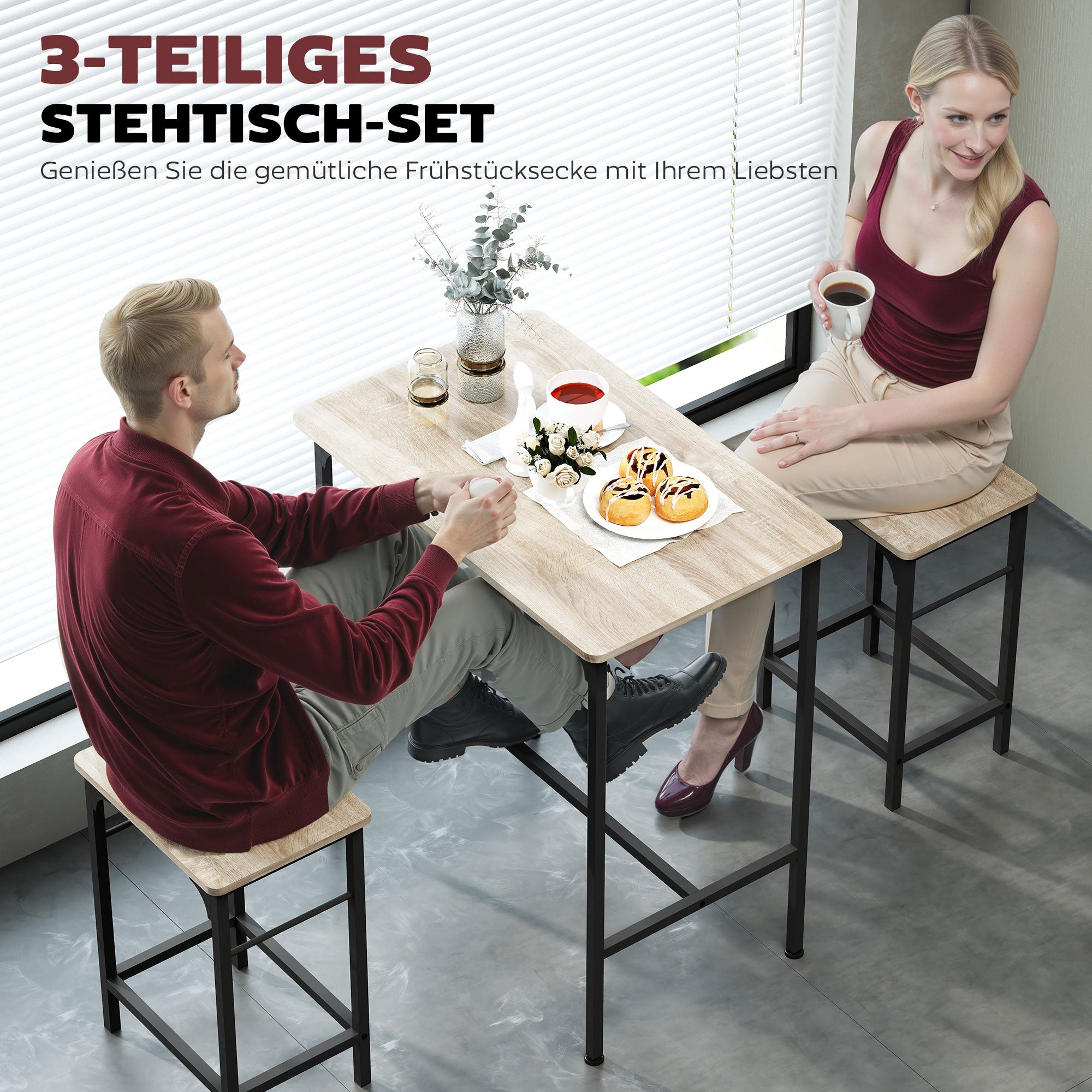 Bar Table Set Bar Table with Bar Stool Set Dining Table with 2 Chairs with Non-Slip Foot Pads Kitchen Table for Dining Room, Kitchen, Natural Wood
