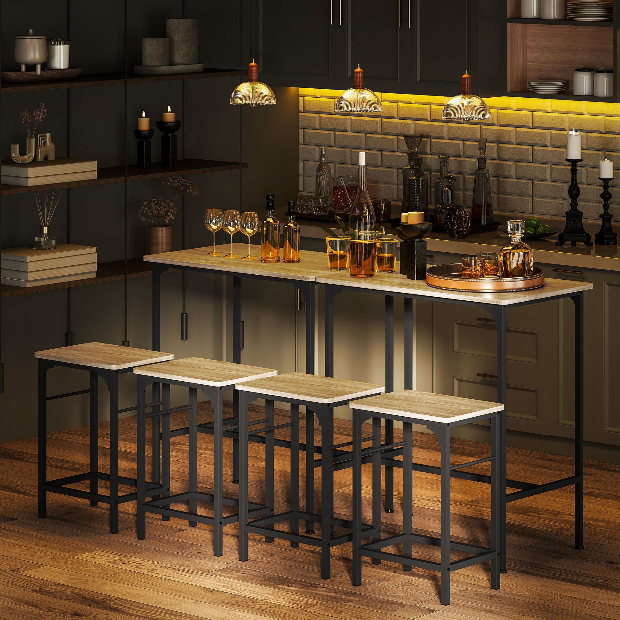 Bar Table Set Bar Table with Bar Stool Set Dining Table with 2 Chairs with Non-Slip Foot Pads Kitchen Table for Dining Room, Kitchen, Natural Wood
