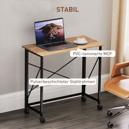Folding Desk Small 80 cm Folding Desk with Wheels Space Saving Computer Desk for Home Office, Oak