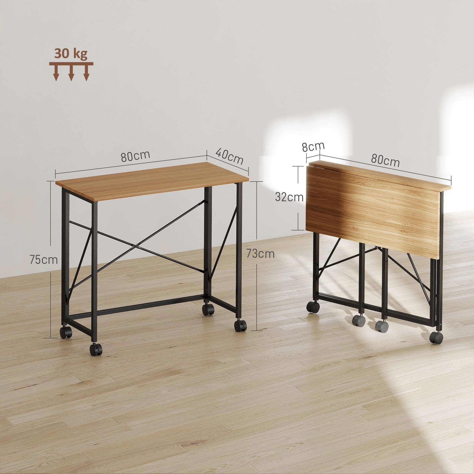 Folding Desk Small 80 cm Folding Desk with Wheels Space Saving Computer Desk for Home Office, Oak