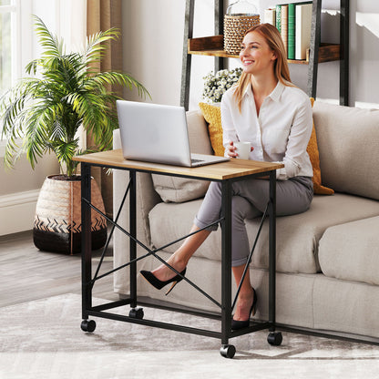 Folding Desk Small 80 cm Folding Desk with Wheels Space Saving Computer Desk for Home Office, Oak