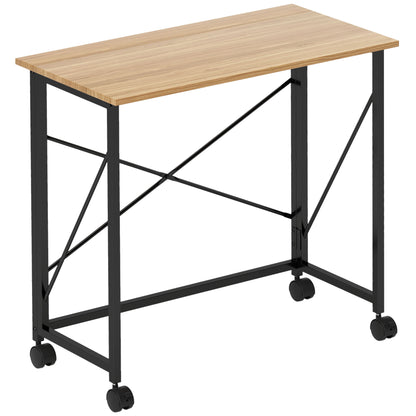 Folding Desk Small 80 cm Folding Desk with Wheels Space Saving Computer Desk for Home Office, Oak