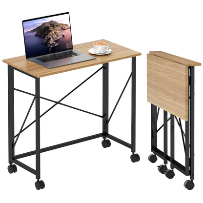 Folding Desk Small 80 cm Folding Desk with Wheels Space Saving Computer Desk for Home Office, Oak