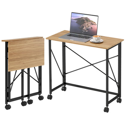 Folding Desk Small 80 cm Folding Desk with Wheels Space Saving Computer Desk for Home Office, Oak