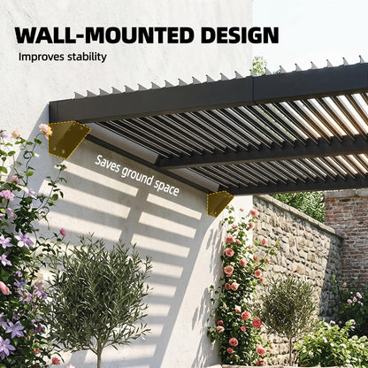 Approx. 3 x 3 m Aluminum Wall-Mounted Louvered Pergola — Adjustable Slatted Roof, Weatherproof, Stable Patio Canopy, Garden Pavilion, Dark Gray