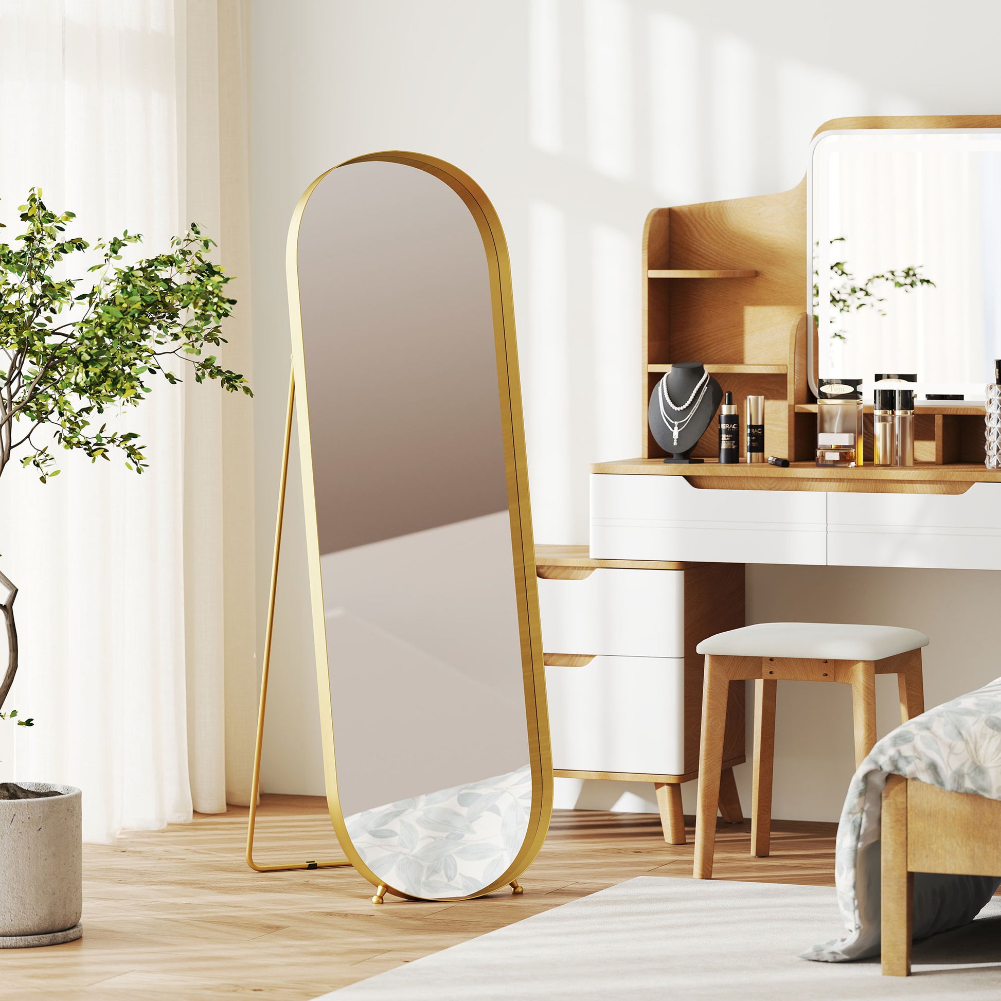 Full-Length Mirror 160 x 50 cm Arched Floor Mirror with Metal Frame and Shatterproof Glass, Standing Mirror, Leaning Mirror for Living Room, Bedroom, Hallway, Gold