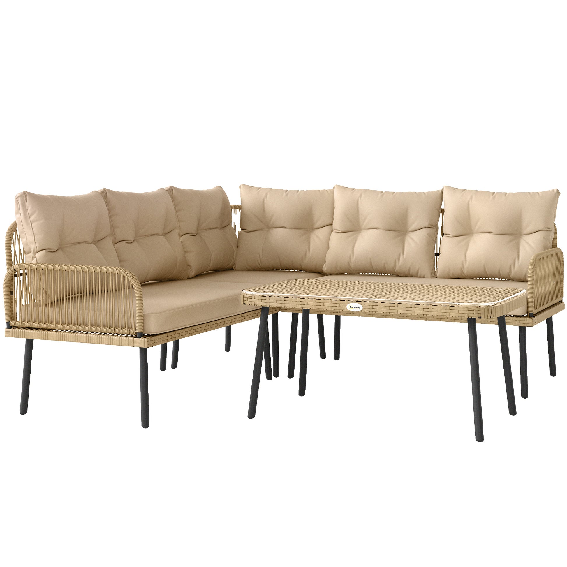 4-Piece Synthetic Rattan Outdoor Garden Set L-Shaped Patio Furniture Includes 2 Two-Seater Sofas, 1 Corner Chair, 1 Center Table with Cushions Natural