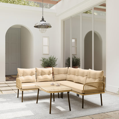 4-Piece Synthetic Rattan Outdoor Garden Set L-Shaped Patio Furniture Includes 2 Two-Seater Sofas, 1 Corner Chair, 1 Center Table with Cushions Natural