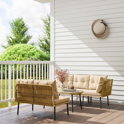 4-Piece Synthetic Rattan Outdoor Garden Set L-Shaped Patio Furniture Includes 2 Two-Seater Sofas, 1 Corner Chair, 1 Center Table with Cushions Natural