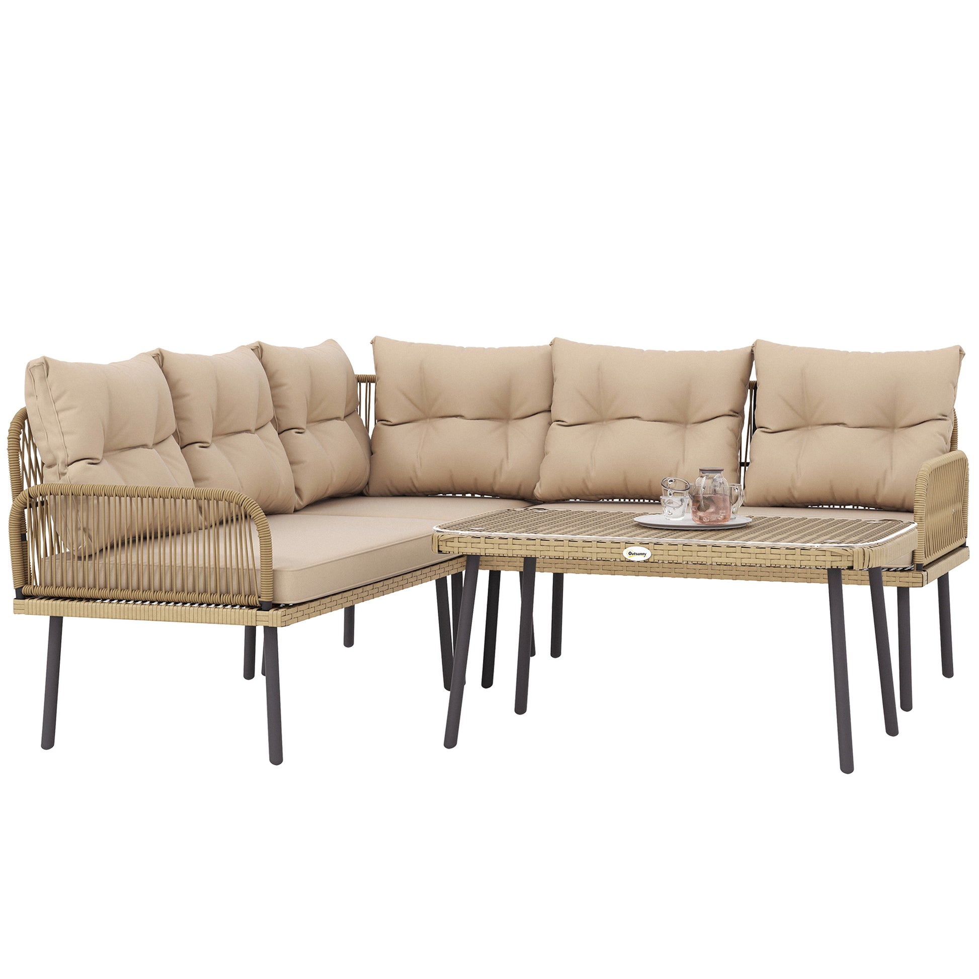 4-Piece Synthetic Rattan Outdoor Garden Set L-Shaped Patio Furniture Includes 2 Two-Seater Sofas, 1 Corner Chair, 1 Center Table with Cushions Natural