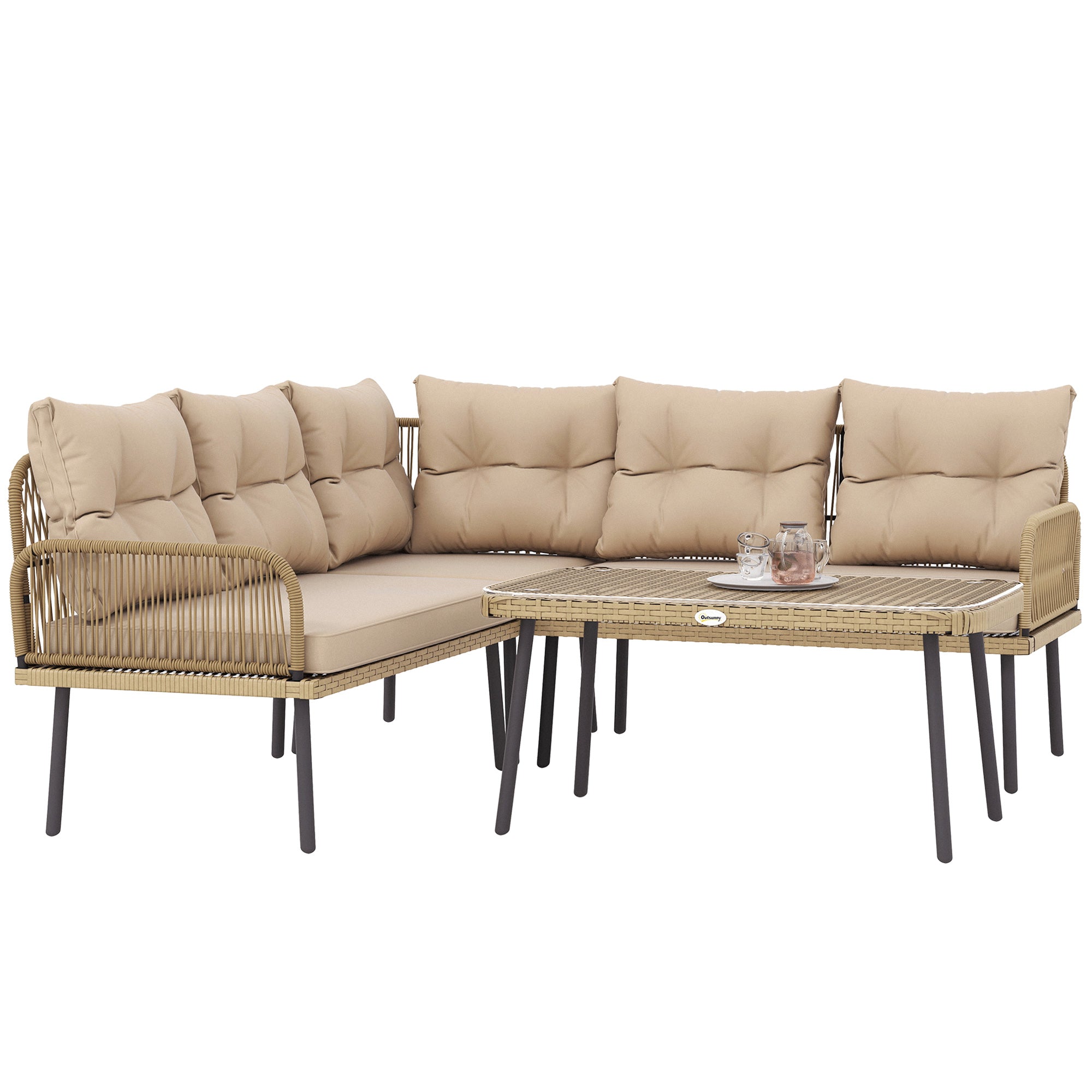 4-Piece Synthetic Rattan Outdoor Garden Set L-Shaped Patio Furniture Includes 2 Two-Seater Sofas, 1 Corner Chair, 1 Center Table with Cushions Natural