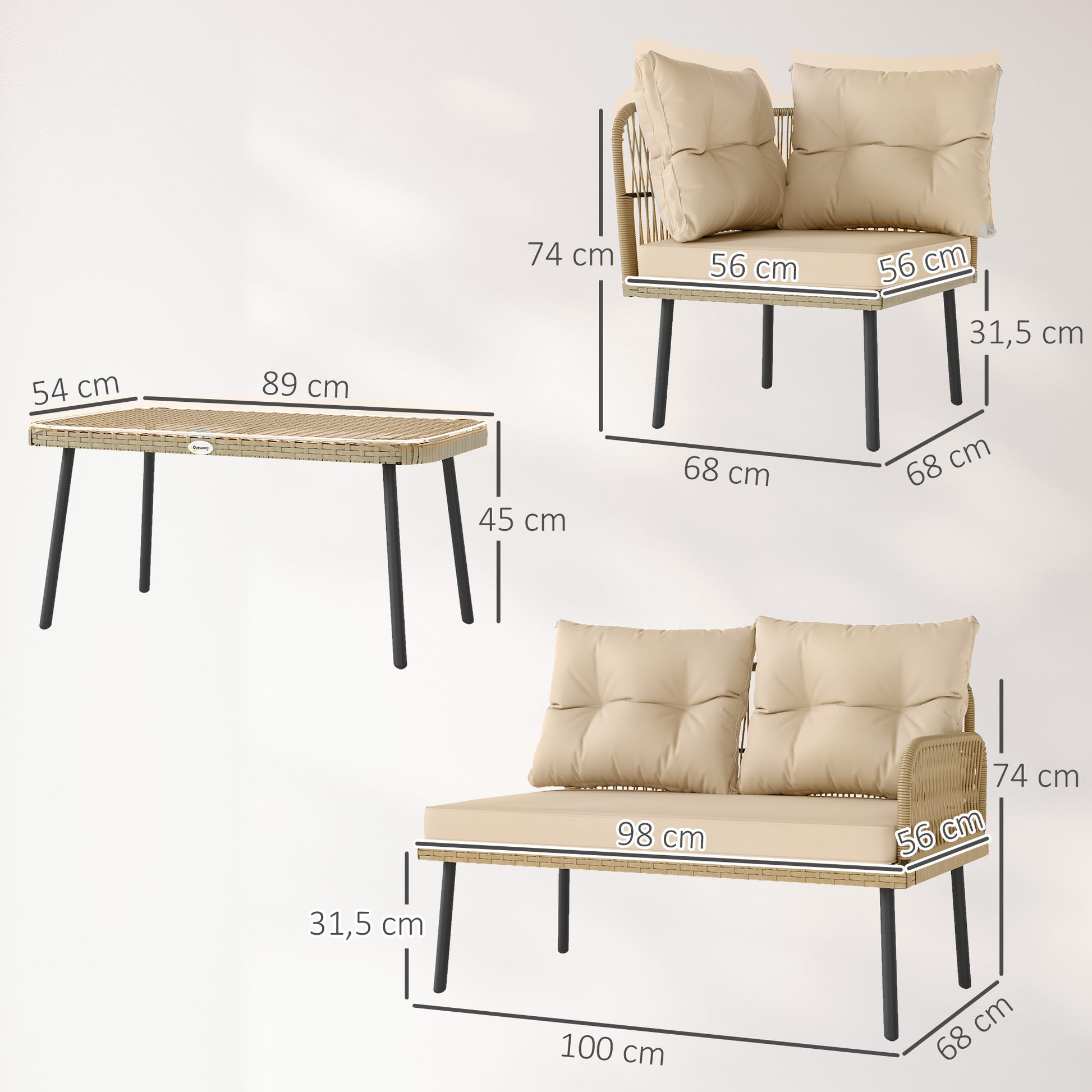 4-Piece Synthetic Rattan Outdoor Garden Set L-Shaped Patio Furniture Includes 2 Two-Seater Sofas, 1 Corner Chair, 1 Center Table with Cushions Natural