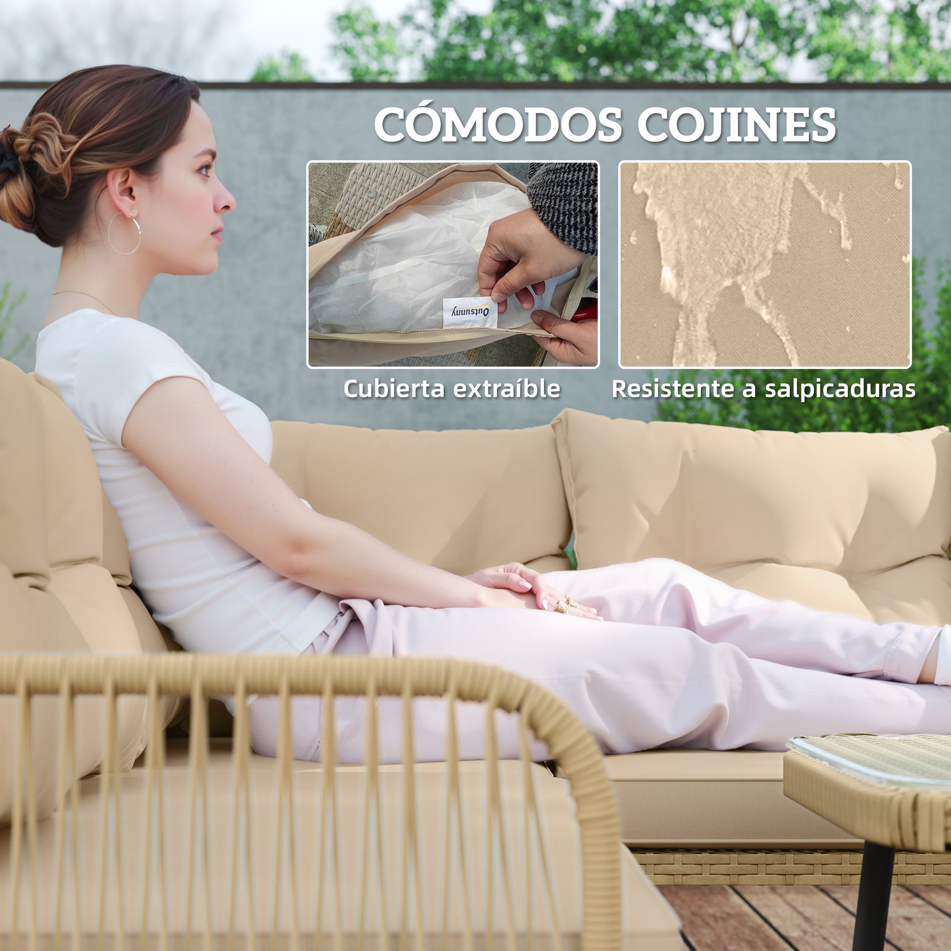 4-Piece Synthetic Rattan Outdoor Garden Set L-Shaped Patio Furniture Includes 2 Two-Seater Sofas, 1 Corner Chair, 1 Center Table with Cushions Natural