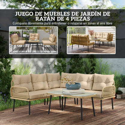 4-Piece Synthetic Rattan Outdoor Garden Set L-Shaped Patio Furniture Includes 2 Two-Seater Sofas, 1 Corner Chair, 1 Center Table with Cushions Natural
