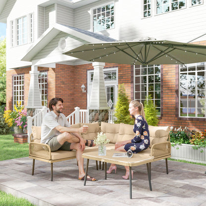 4-Piece Synthetic Rattan Outdoor Garden Set L-Shaped Patio Furniture Includes 2 Two-Seater Sofas, 1 Corner Chair, 1 Center Table with Cushions Natural