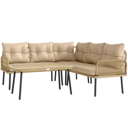 4-Piece Synthetic Rattan Outdoor Garden Set L-Shaped Patio Furniture Includes 2 Two-Seater Sofas, 1 Corner Chair, 1 Center Table with Cushions Natural