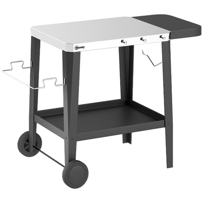 Stainless Steel Kitchen & BBQ Cart with Wheels, Foldable Side Table, Paper Towel & Towel Holder, Hooks — Black (45.3" x 26.6" x 31.7")