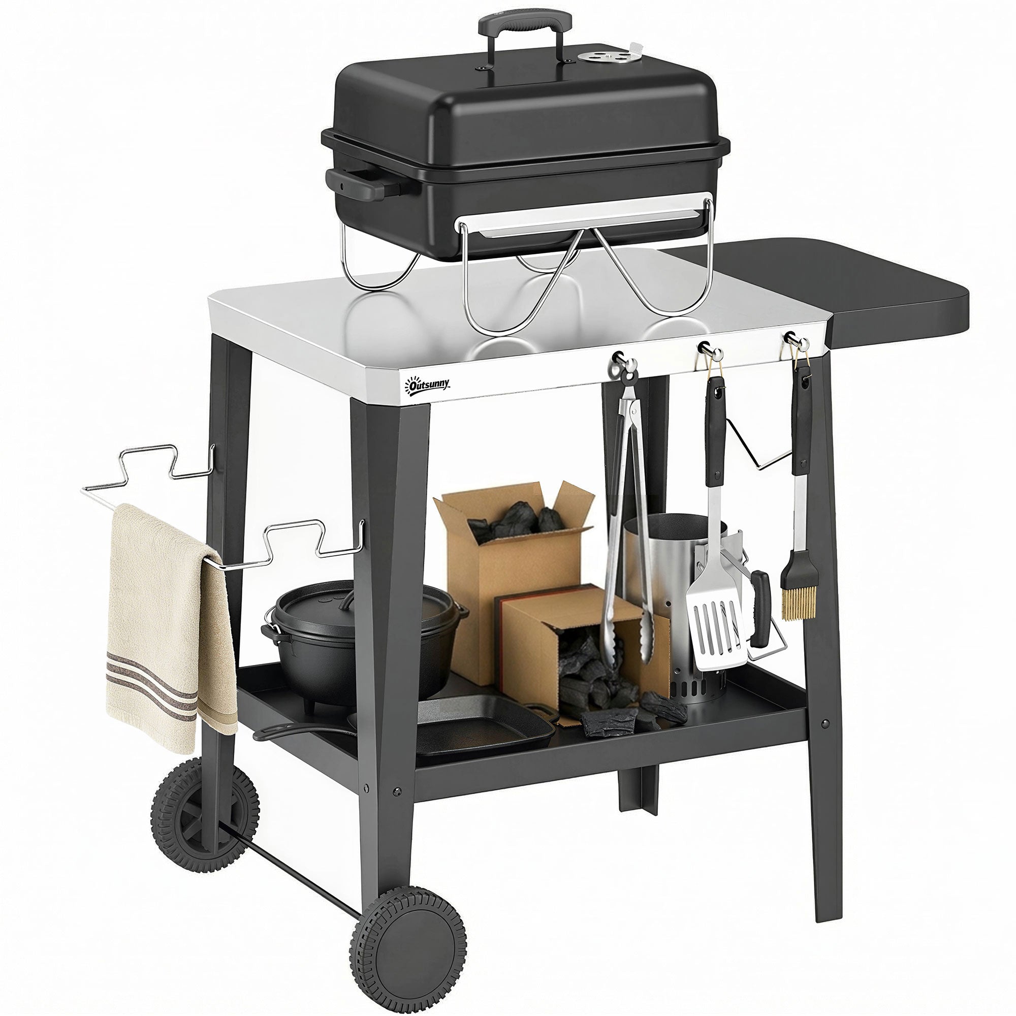 Stainless Steel Kitchen & BBQ Cart with Wheels, Foldable Side Table, Paper Towel & Towel Holder, Hooks — Black (45.3" x 26.6" x 31.7")