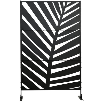 Room Divider 3-panel 122 x 198 cm Balcony Privacy Screen Room Divider with Banana Leaf Pattern Freestanding Partition with Stand 3-Panel Privacy Screen Steel Room Divider for Garden, Black