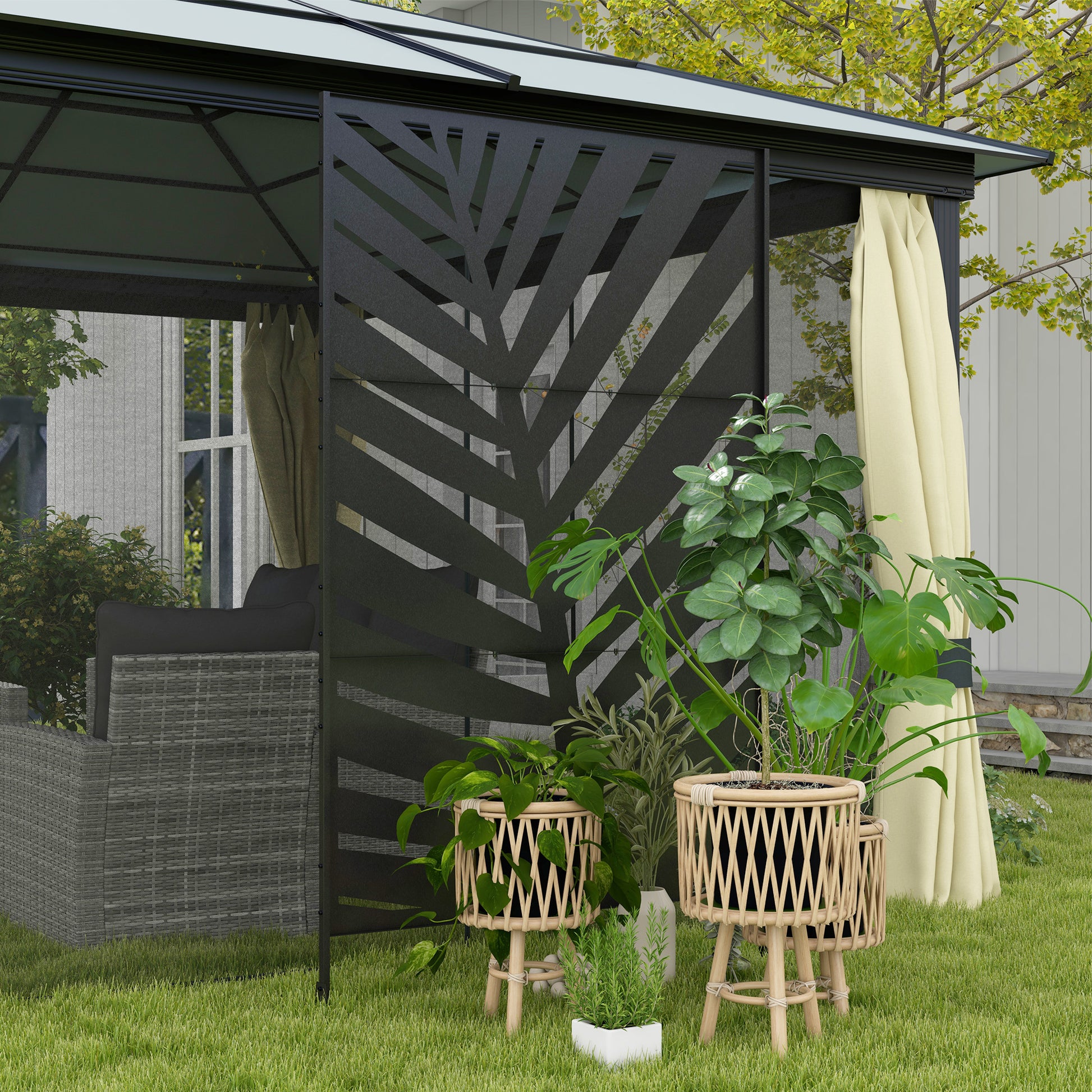 Room Divider 3-panel 122 x 198 cm Balcony Privacy Screen Room Divider with Banana Leaf Pattern Freestanding Partition with Stand 3-Panel Privacy Screen Steel Room Divider for Garden, Black