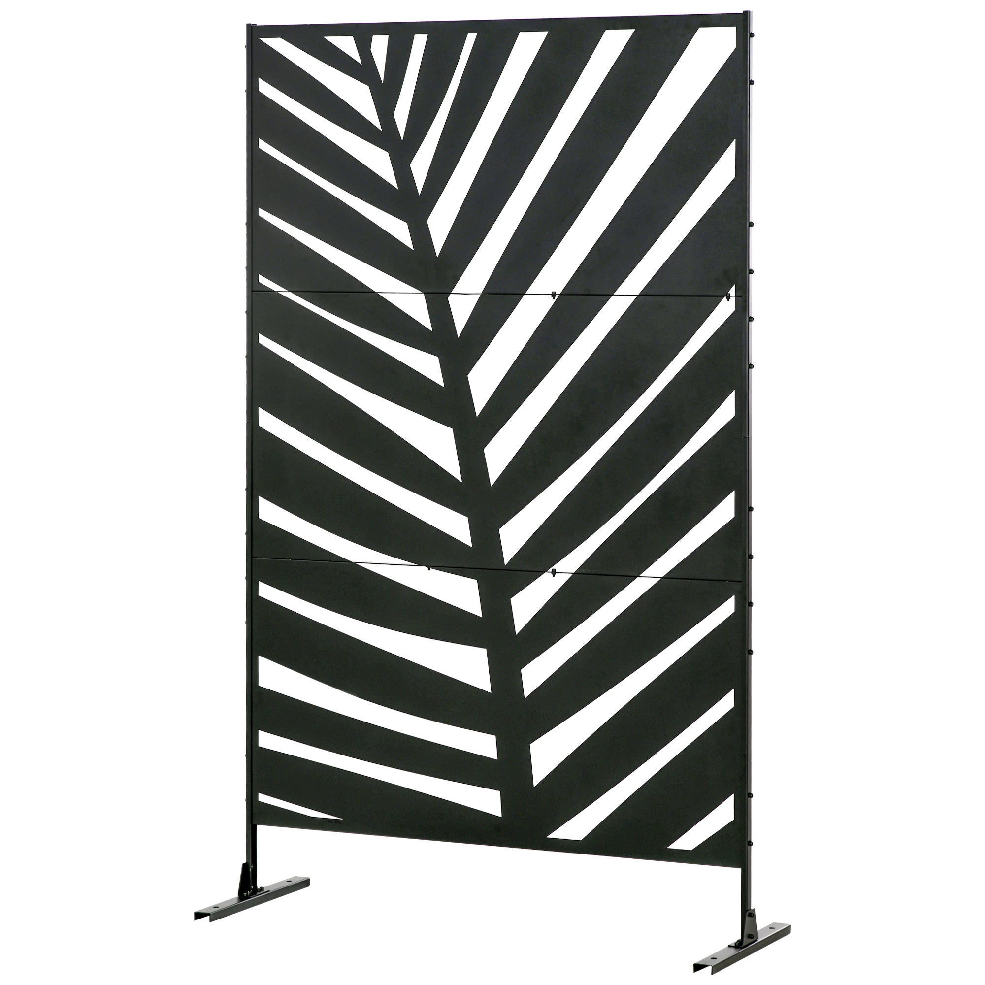 Room Divider 3-panel 122 x 198 cm Balcony Privacy Screen Room Divider with Banana Leaf Pattern Freestanding Partition with Stand 3-Panel Privacy Screen Steel Room Divider for Garden, Black