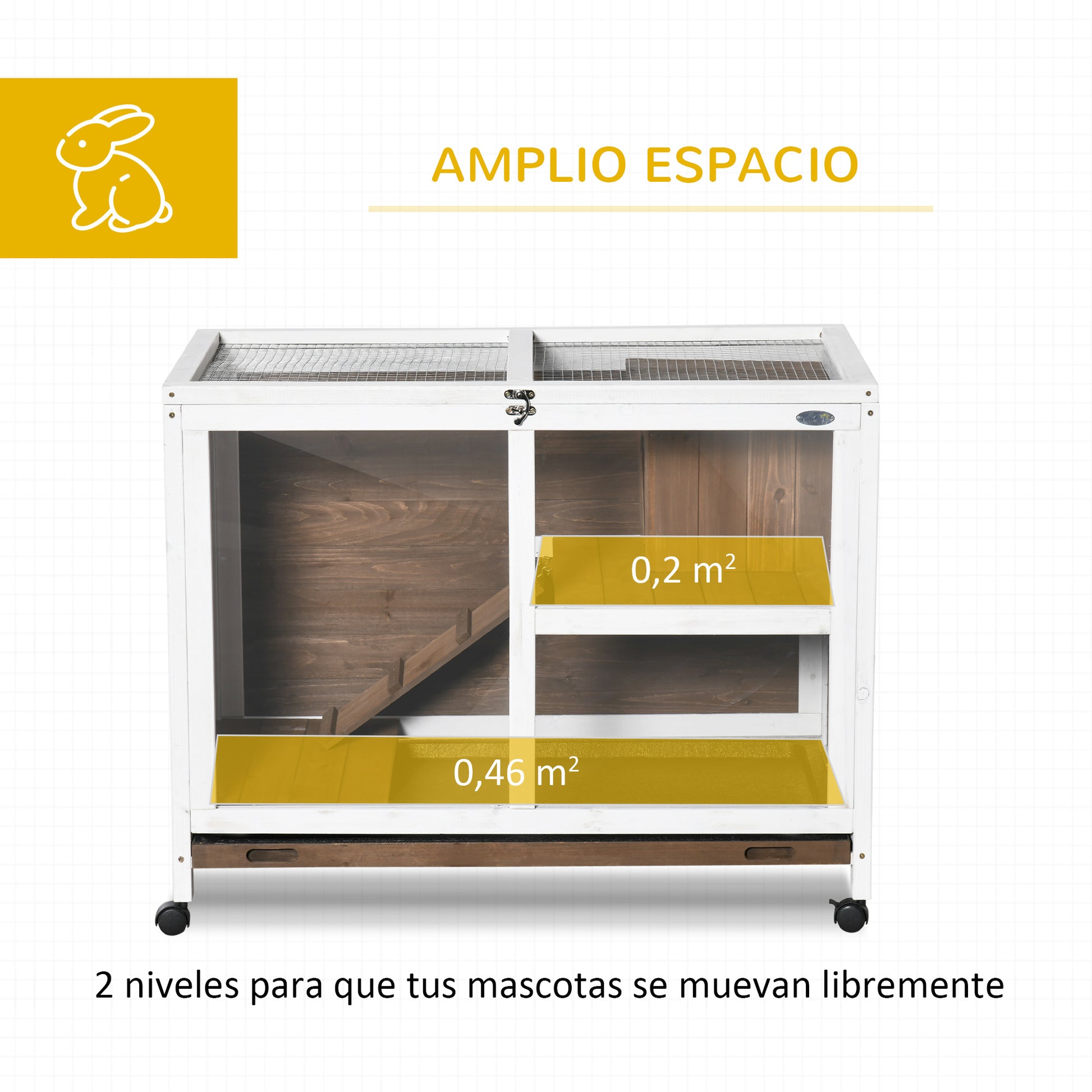 Wooden Rabbit Hutch with Wheels 91.5x53.3x73 cm 2-Level Cage for Rabbits with Foldable Roof Removable Tray and Ramp Brown