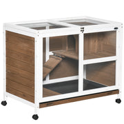 Wooden Rabbit Hutch with Wheels 91.5x53.3x73 cm 2-Level Cage for Rabbits with Foldable Roof Removable Tray and Ramp Brown
