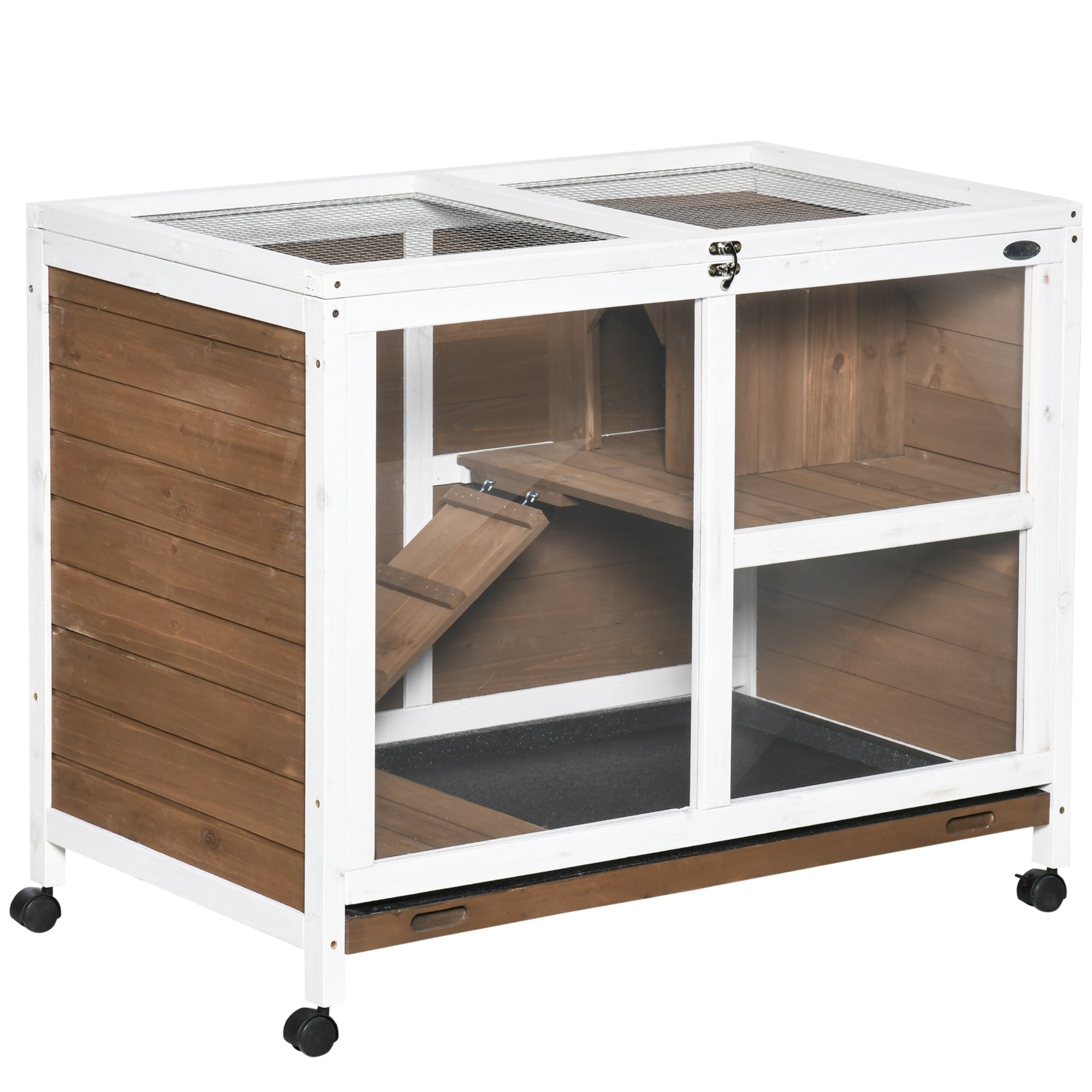 Wooden Rabbit Hutch with Wheels 91.5x53.3x73 cm 2-Level Cage for Rabbits with Foldable Roof Removable Tray and Ramp Brown