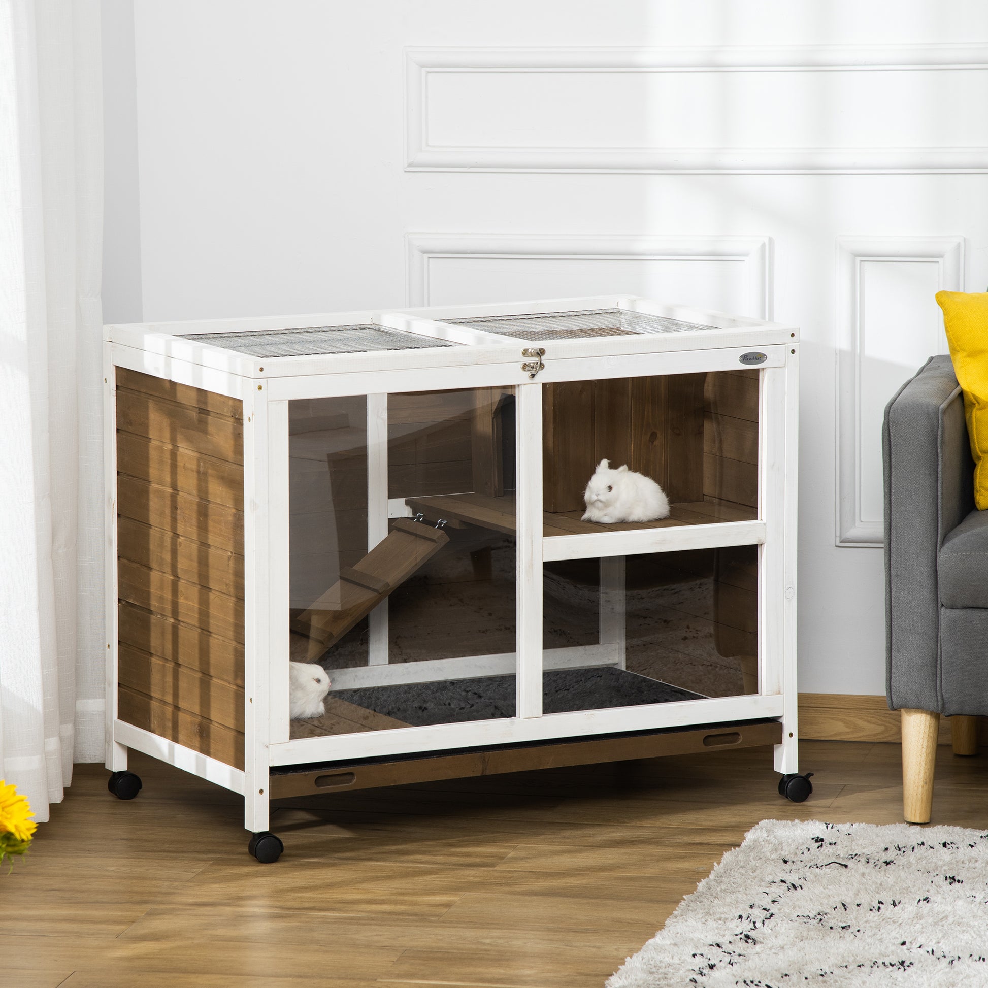 Wooden Rabbit Hutch with Wheels 91.5x53.3x73 cm 2-Level Cage for Rabbits with Foldable Roof Removable Tray and Ramp Brown