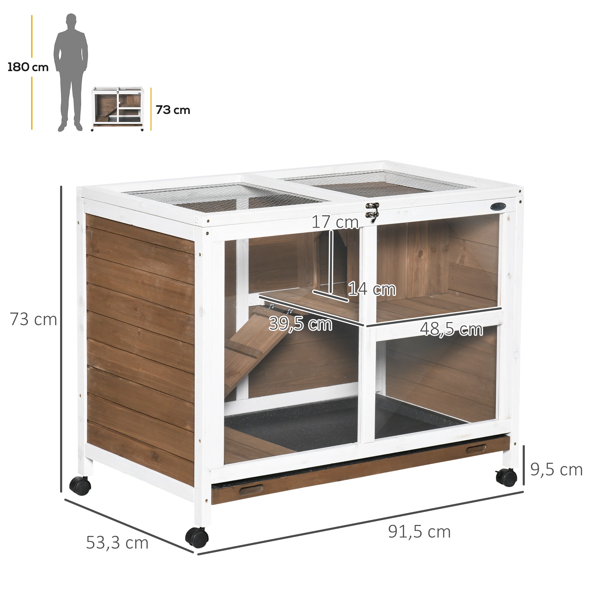 Wooden Rabbit Hutch with Wheels 91.5x53.3x73 cm 2-Level Cage for Rabbits with Foldable Roof Removable Tray and Ramp Brown