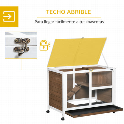 Wooden Rabbit Hutch with Wheels 91.5x53.3x73 cm 2-Level Cage for Rabbits with Foldable Roof Removable Tray and Ramp Brown