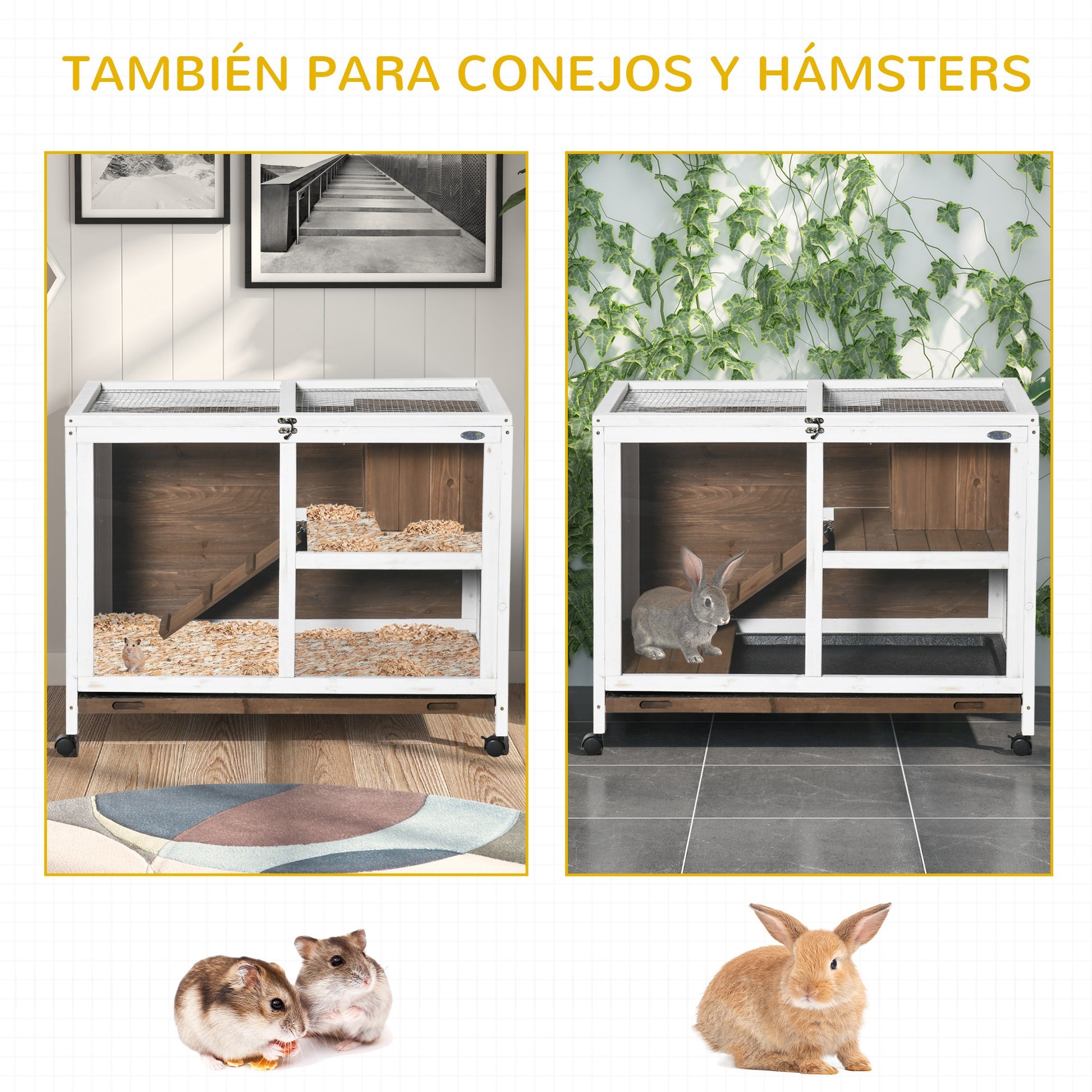 Wooden Rabbit Hutch with Wheels 91.5x53.3x73 cm 2-Level Cage for Rabbits with Foldable Roof Removable Tray and Ramp Brown