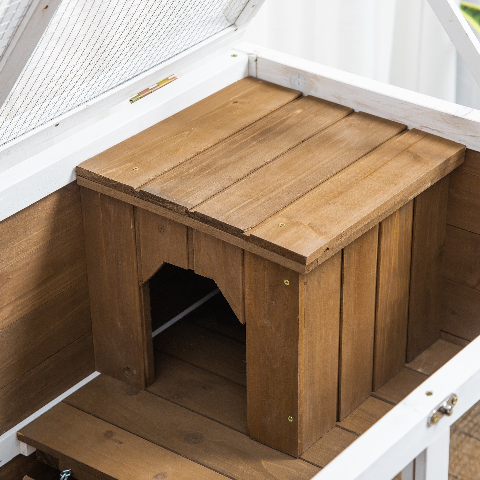 Wooden Rabbit Hutch with Wheels 91.5x53.3x73 cm 2-Level Cage for Rabbits with Foldable Roof Removable Tray and Ramp Brown