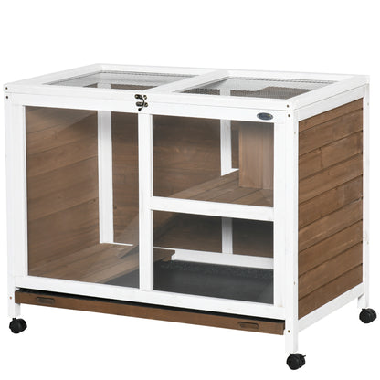 Wooden Rabbit Hutch with Wheels 91.5x53.3x73 cm 2-Level Cage for Rabbits with Foldable Roof Removable Tray and Ramp Brown