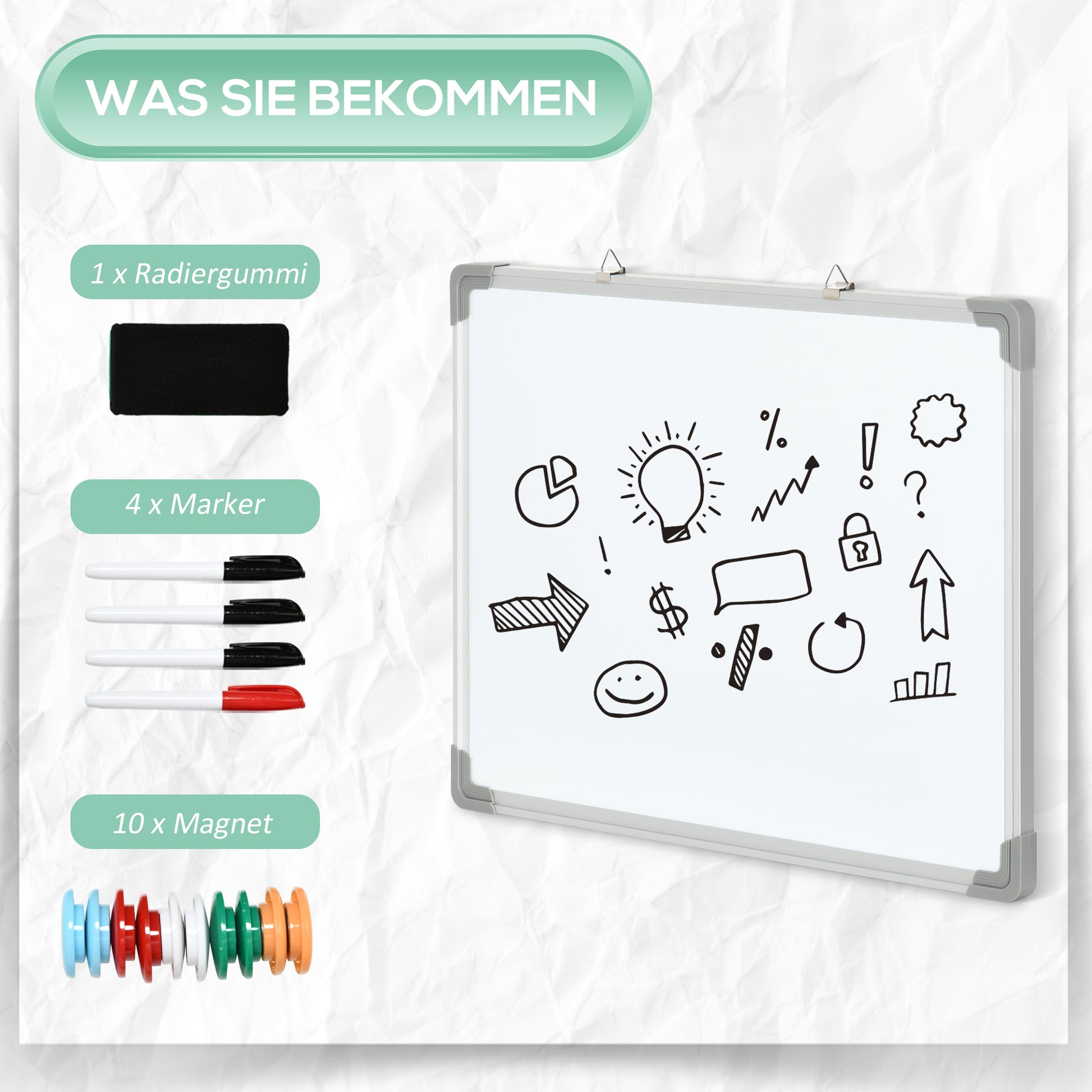Whiteboard Magnetic Whiteboard with 4 Markers 1 Eraser 10 Magnets Easel Wall Mount Easy to Wipe 60 x 1.8 x 45 cm